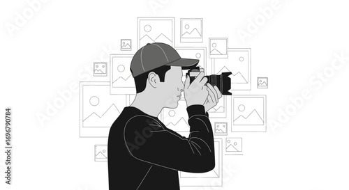 Photographer Capturing Images, Surrounded by Frame Illustrations in a Minimalist Style