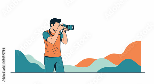 Photographer Capturing Images with Camera Against Backdrop of Colorful, Stylized Landscape
