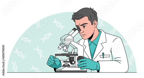Scientist Observing Sample Under Microscope, Research and Biomedical Illustration