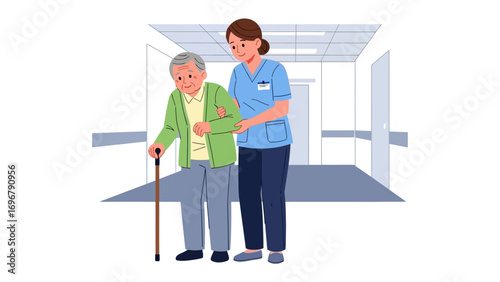 Compassionate Care: A nurse, exudes gentle care while assisting a senior citizen in a hospital hallway, conveying empathy and support. 