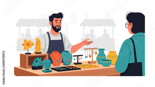 Bazaar Interaction: A seller with a warm smile, engages a potential buyer at a lively bazaar, with array of handcrafted objects for sale, showcasing the charm of handmade items