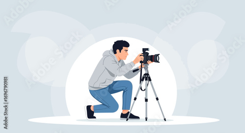 Photographer Kneeling Capturing Image With Camera On Tripod Against Light Effects Background