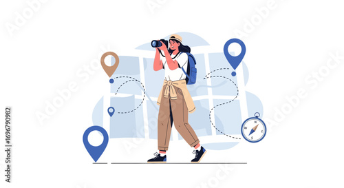 Photographer Exploring City With Camera, Map, And Compass Looking For Locations To Visit