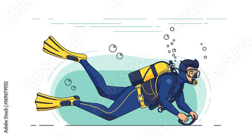 Scuba Diver Underwater Exploring Deep Waters with Professional Diving Equipment