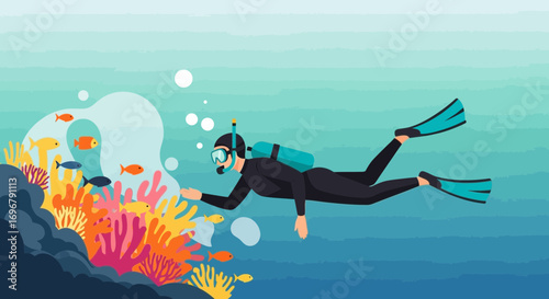Scuba Diver Explores Reefs and Marine Life Underwater, Dive into the Ocean Depths