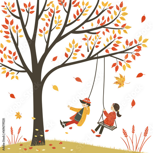 Children enjoying a swing under a colorful autumn tree with falling leaves
