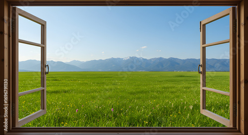 Jendela yang terbuka membingkai pemandangan padang rumput hijau yang menakjubkan dan pegunungan bersalju yang megah