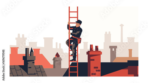Chimney Sweep Ascending Ladder: A classic chimney sweep is seen ascending a tall wooden ladder, silhouetted against a cityscape, embodying traditional craftsmanship and diligence.