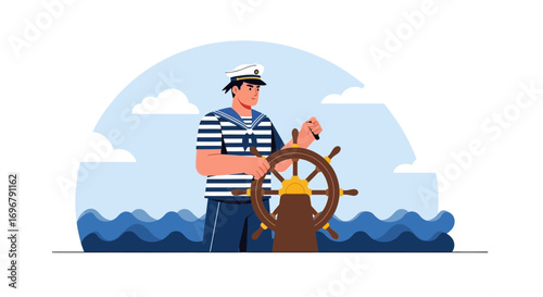 Seaman Navigating The Waves, Mastering The Wheel, Sailing The Ocean, Captain's Duty