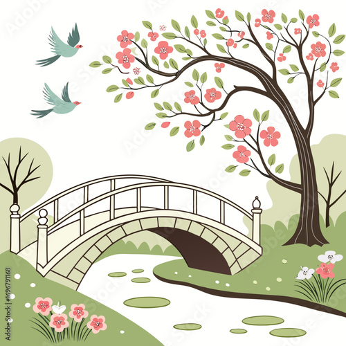 Charming spring landscape with a stone bridge blooming cherry blossom tree and two birds flying