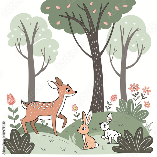 Cute baby deer and two rabbits in a whimsical forest with trees and flowers