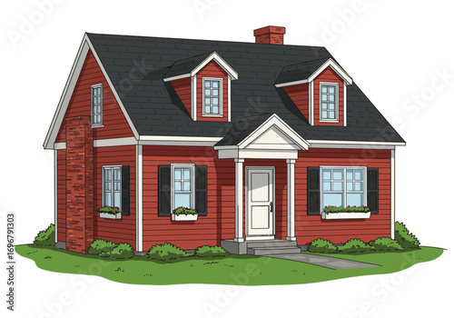 Charming red house with black roof and lush green bushes, isolated on white background, showcasing classic architecture and inviting curb appeal