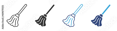 Mop icon set in outline and flat style , cleaning brush icon, vector illustration. 