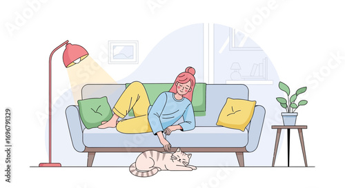Serene Afternoon: A Woman Relaxing with Her Cat in A Cozy, Well-Lit Living Room.