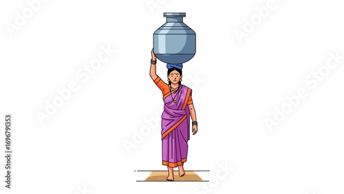 Village Woman with Water Pot: An illustration captures a village woman walking gracefully, balancing a water pot on her head. This image embodies the essence of simplicity, traditional practices.
