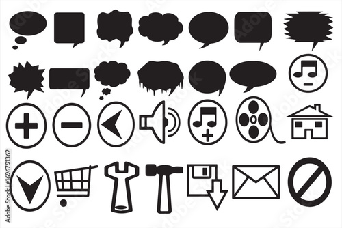 
Collection of diverse black and white icon graphics for web and design projects