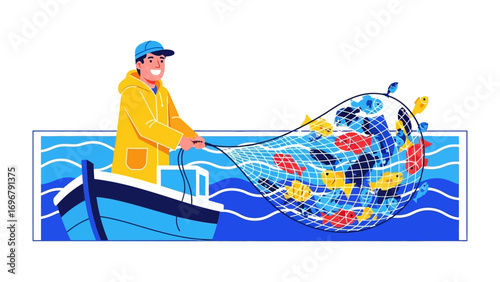 Fisherman at Sea: An animated fisherman joyfully pulls a fully loaded net, depicting a successful catch on the water, creating a vibrant illustration