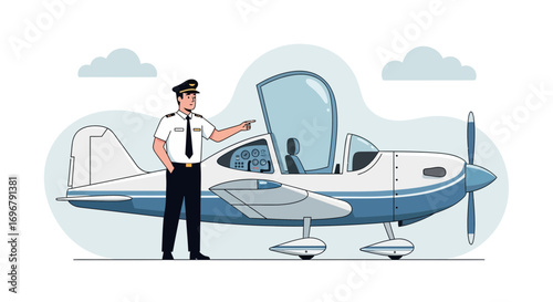 Pilot Illustrates A Modern Airplane, Ready For Flight, With Cloudscape Backdrop