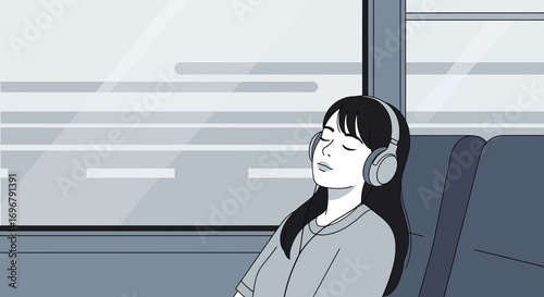 Serene Commute: Woman in Headphones Enjoys Music During Travel on Bus or Train