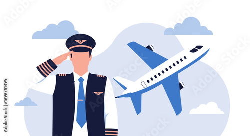 Pilot In Uniform Saluting Near Airplane During Flight, Profession Concept Illustration