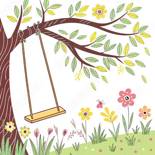 Whimsical tree swing and colorful flowers in a sunny meadow illustration