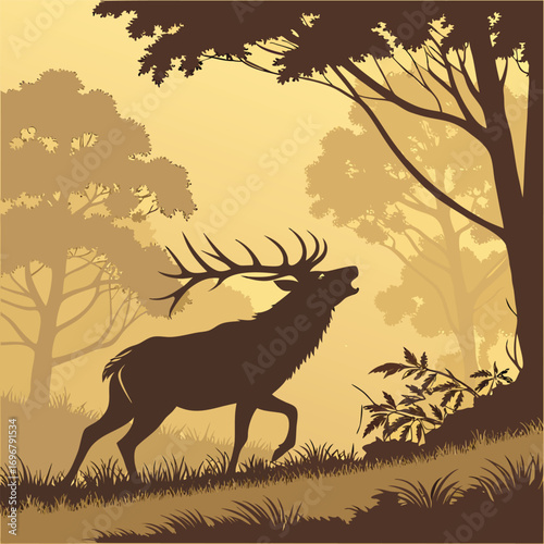 Stag with open mouth and antlers calling in a forest with dense undergrowth deer animal