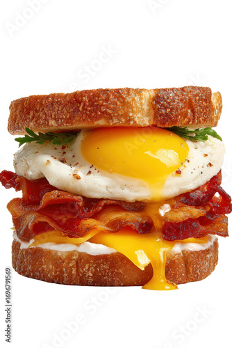 A delicious breakfast sandwich with fried egg, crispy bacon, and toast, isolated on transparent background