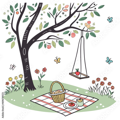 Charming hand drawn illustration of a picnic scene under a fruit tree with a swing and butterflies