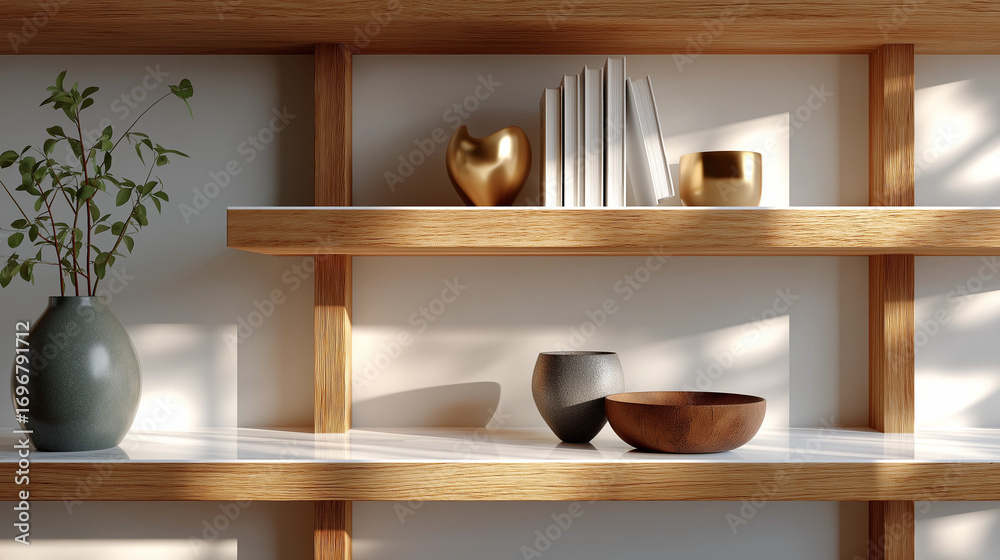 Fototapeta premium Minimalist Decor on Wooden Shelf: An inviting composition of a serene setting, showcasing tasteful decor. The scene depicts a wooden shelf adorned with minimalist, modern decor.