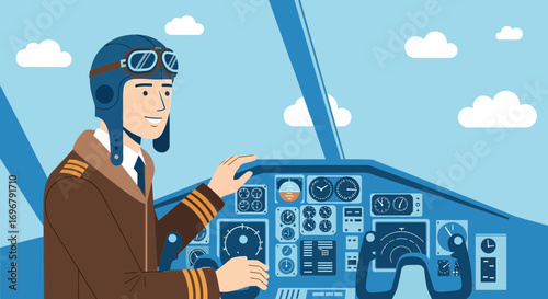 Pilot Smiling In Cockpit, Ready For Takeoff With Plane Instruments Displaying In Blue Sky
