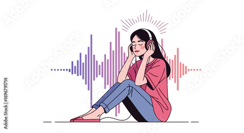 Serene Listener Enjoys Music Waves Blissfully Underneath the Abstract Sound