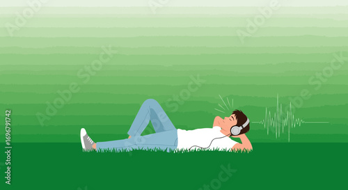 Serene Listening: A Tranquil Moment of Music and Relaxation on Lush Green
