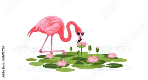 Pink Flamingo Enjoying Summers And Waters: Fun Artwork Featuring Sunglasses In The Pond