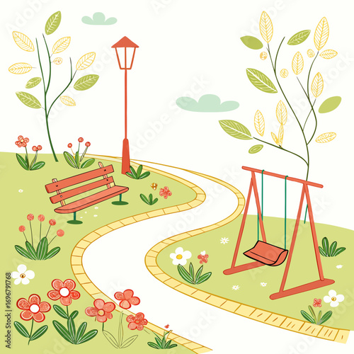 Charming park scene with a winding path red bench and swing set surrounded by flowers and trees