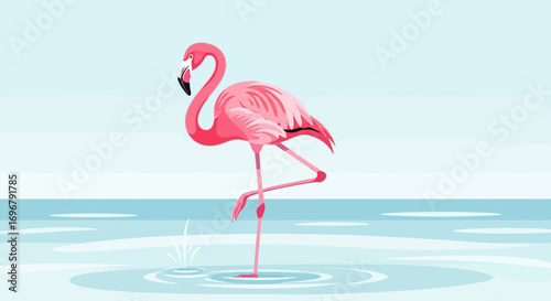 Pink Flamingo Standing Gracefully On Water With Modern Minimalistic Illustrative Style