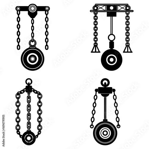 Illustration showing four different pulley systems with chains and circular components in black and white