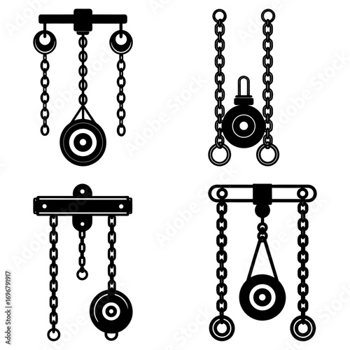 Four hanging pulley systems with chains and circular weights in a monochrome illustration style design