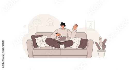 Serene Person Enjoying Peaceful Relaxation on a Cozy Sofa and Indulging in Snacks