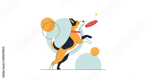 Playful Canine Eagerly Leaping To Retrieve Red Flying Disc In A Colorful Illustration