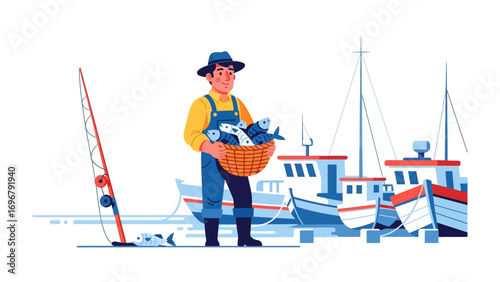 Harbor Harvest: A fisherman, hat perched, presents a full basket of gleaming catches near the dock with docked boats, encapsulating a day's hard work and the bounty of the sea.