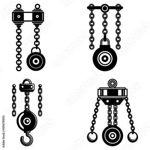 Illustration of four different chain hoist systems with varying designs and mechanisms in black and white
