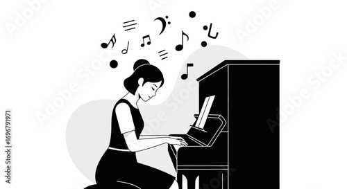 Serene Pianist Performing, Playing the Piano with Musical Notes Floating Abstractly