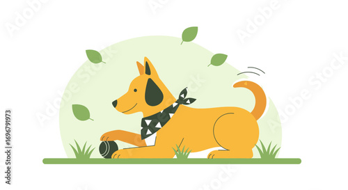 Playful Canine Relaxes Outdoors With Ball, Enjoying The Refreshing Greenery Environment