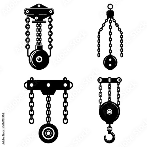 Illustration showing four different pulley systems with chains and hooks in a black and white design