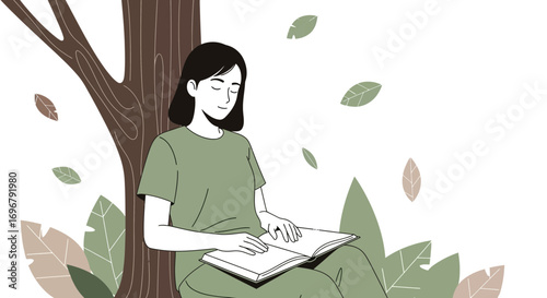 Serene Reading Under Tree: A Moment of Tranquility and Solitude During Peaceful Leisure