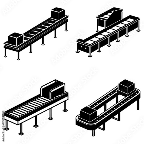 Isometric illustrations showing four conveyor belt systems with different designs and configurations in black and white