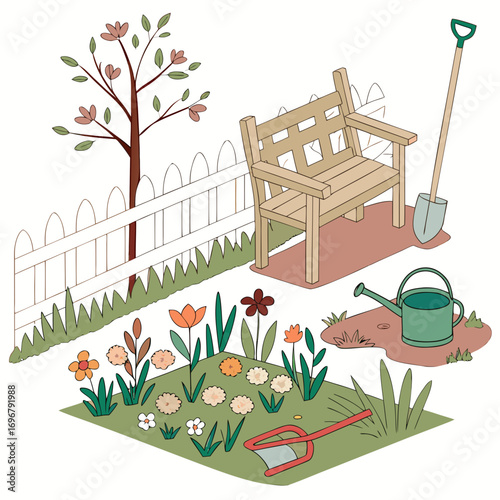 Charming illustration of a garden scene with a wooden bench flowers a watering can and gardening tools