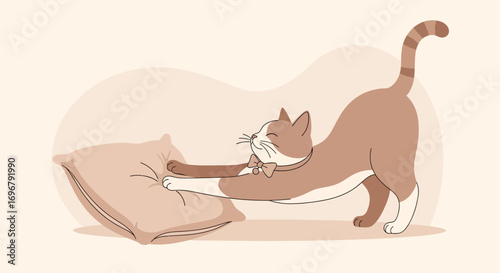 Playful Cat Stretches With Pillow, Cute Cartoon Illustration of Relaxation