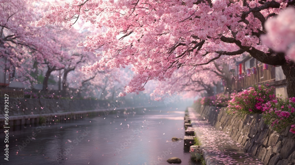 Fototapeta premium Tranquil sakura reflection by serene river. AI image
