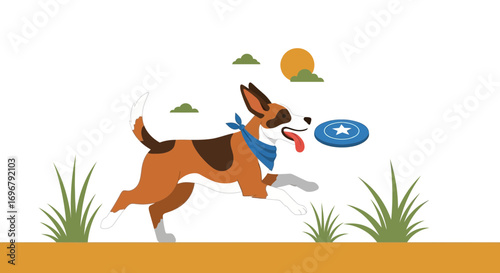 Playful Dog Chasing Flying Disc Under Sunny Skies in A Playful And Joyful Illustration